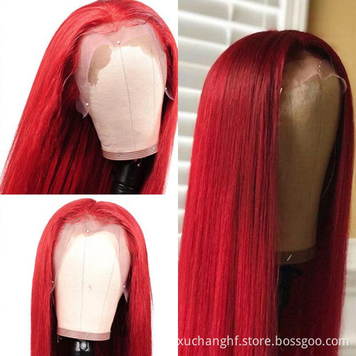 Drop Shipping Red Color Human Virgin Hair Long Straight Lace Front Wig With Baby Hair